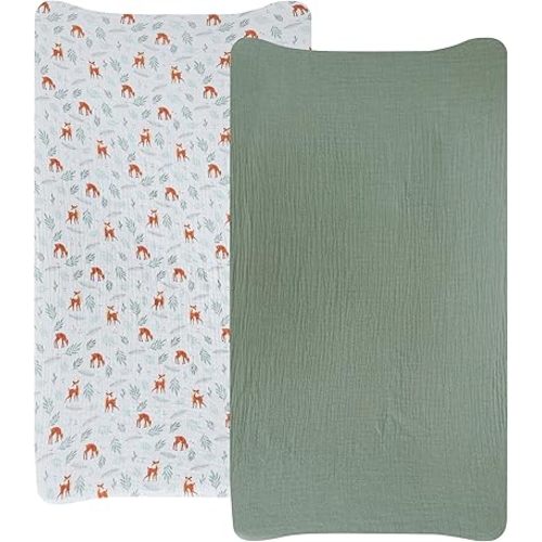 Muslin Changing Pad Cover for Baby Boy and Girl - Extra Soft 100% Cotton Diaper Changing Table Covers - 2 Pack Woodland and Sage Green Changing Pad Sheets