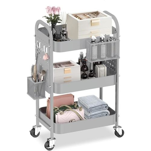 ALVOROG 3 Tier Rolling Cart with DIY Pegboards Metal Utility Cart with Wheels Handles Baskets Hooks, Craft Cart for Office Kitchen Bathroom(Light Gray)