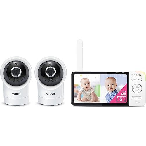 VTech RM5764-2HD 1080p Smart WiFi Remote Access 2 Camera BabyMonitor, 360° Pan & Tilt, 5" 720p HD Display, Night Vision, Soothing Sounds, 2-Way Talk, Temperature & Motion Detection, iOS & Android