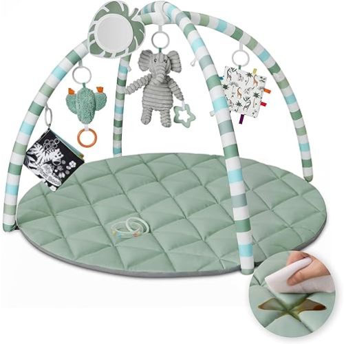Blissful Diary Waterproof Baby Play Gym Mat, Wipe-Clean Vegan Leather Tummy Time Mat with 6 Detachable Toys, Baby Activity Mat, Sage Green
