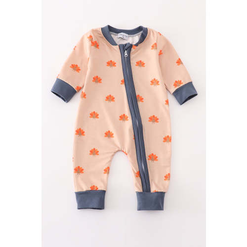 Khaki turkey print zip boy romper