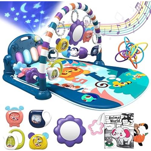Baby Play Mat, Tummy Time Activity Mat Toys, Lovely Piano Baby Play Gym with 7 Infant Sensory Baby Toys, Baby Floor Play Mat for Newborn Baby 0-3-6-9-12 Months for Boys (Blue)