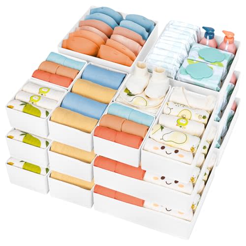 DIMJ Drawer Organizer Clothes, 18 Pack Dresser Organizer, Foldable Closet Organizers and Storage, Fabric Bins, Drawer Dividers for Nursery, Baby Clothes, Underwears, Sock (White)