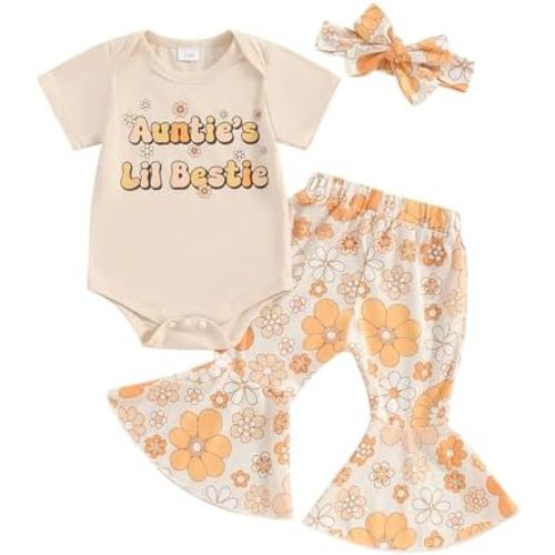 Aunties Bestie Baby Clothes Girl Baby Girl Aunt Saying Letter Romper Shirt Floral Flare Pants Headband 3Pcs Outfit