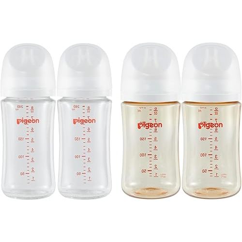 Pigeon Nursing Baby Bottle Wide Neck(Pack of 4, 2 Glass Bottles & 2 PPSU Bottles), Streamlined Body, Natural Feel, Easy to Clean, Heat-Resistant, 8.1Oz