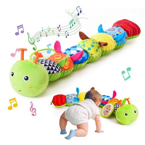 Baby Toys 0-6 Month, Musical Caterpillar Baby Rattle, Plush Sensory Toy with Mirror, Crinkle Textures, Newborn Developmental Tummy Time Stuffed Animal for Infants Boys Girls 6-12 Months (Green)