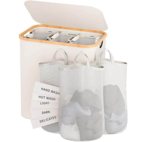 145L Laundry Hamper – 3 Sections, Lid-Included Dirty Clothes Organizer with Removable Inner Bags & Labels, Beige, For Laundry Room/Bedroom