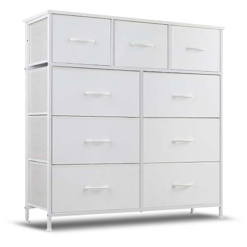 9 Drawer Dresser, Wide Chest Of Drawers Nightstand Storage Tower Storage Dresser Fabric Dresser With Wood Top for Living Room, Bedroom, Hallway, White