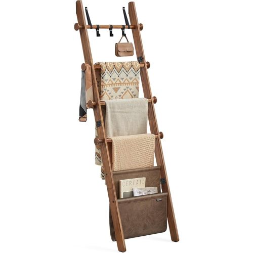 VASAGLE Blanket Ladder for Living Room, 5-Tier Wooden Ladder Shelf, Decorative Farmhouse Blanket Rack with Synthetic Leather Bag, Metal Hooks, Side Hooks, for Bedroom, Caramel Brown ULLS022K01