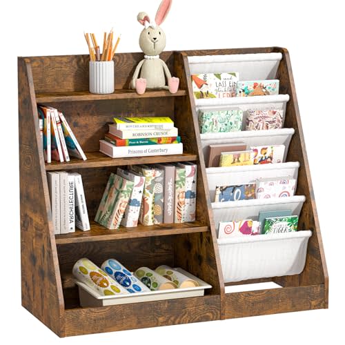 HedoAjim Kids Bookshelf for Bedroom Toddler Children Baby Bookcase 4-Tier for Nursery Book Toy Storage Organizer 5 Sling Book Display Shelf Book Rack Wood Classroom Playroom Rustic Brown