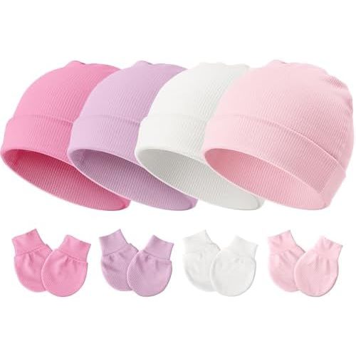 DRESHOW BQUBO Baby Newborn Hats with Scratch Mittens for Unisex Preemie Newborn Hats Hospital Hat for Boys Girls 0-6 Months