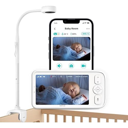 Baby Monitor with Camera and Audio, 5’’ Screen & App, 2.4GHz WiFi Secure Link, Sleep Tracking, Cry Detection, Night Vision, Temp & Humidity Monitor, 2-Way Talk, 5GB Cloud Storage, 4-in-1 Mount