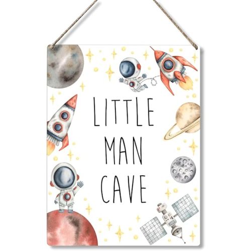 QIONGQI Little Man Cave Sign for Kids - Space Themed Wooden Wall Plaque for Toddler Boy Room, Nursery, or Kids Bedroom - Astronaut Outer Space Decor Sign for Boys Room, Playroom, or Baby Boy Room