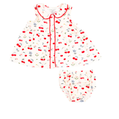 The Jill- Peter Pan Button Front Dress with Ric Rac Trim - Watercolor Cherries