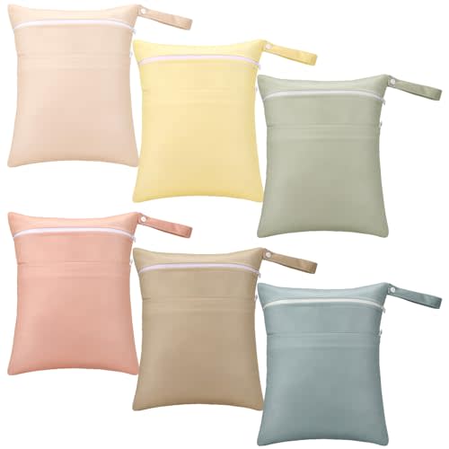 Wesnoy 6 Pcs Wet Dry Bag with Two Zippered Pockets Waterproof Swim Gym Wet Bags for Reusable Washable Daycare Diaper Bag Organizing Pouches for Cloth Diapers Swimsuits Travel Beach Pool