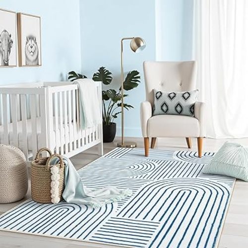 Lahome Abstract Washable Rugs, 4x6 Blue Rug for Bedroom Nursery Soft Non Slip Modern Living Room Rug, Ultra-Thin Non-Shedding Throw Carpet for Entryway Kitchen Office(4'x6',Blue/White)