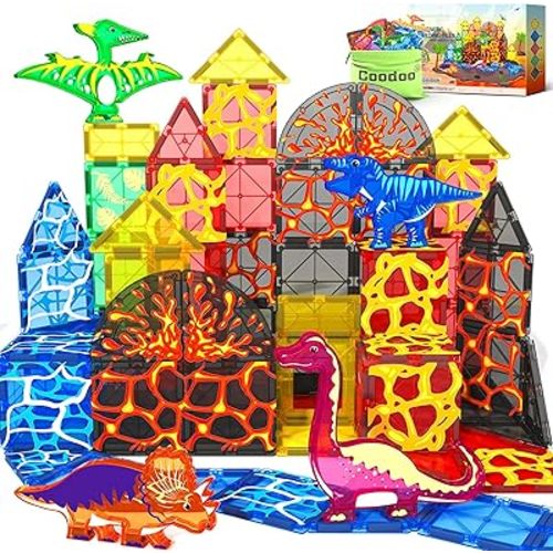 Dinosaur Toys Magnetic Tiles Lava Dinosaur World Set - Magnetic Blocks Building for Kids 3-5 5-7 Girls Boys Toy Age 4-6 6-8, Classroom Must Haves Toddler Sensory for 3+ Year Old Kids Toys