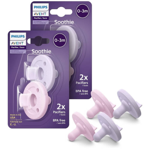 Philips Avent Soothie Orthodontic Baby Pacifiers, 100% Silicone Pacifiers, One Piece, BPA-Free, for Babies 0-3 Months, 2 Lilac and 2 Pink, 4 Pack, Model SCF190/70
