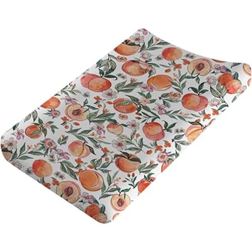Peach Baby Changing Pad Covers Vintage Peach Fruit Floral Leaves Diaper Changing Table Sheets for Baby Boy Girl Summer Soft Breathable Stretch Nursery Changing Table Mats Sheets 32''x16''