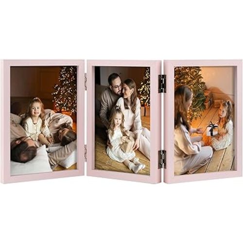 Space Art Deco Triple 4x6 Picture Frame, 3 4x6 Folding Photo Frame, Standing Vertically on Desktop or Tabletop, Home Decorative Christmas, Pink