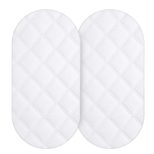 Yoofoss Waterproof Bassinet Mattress Pad Cover 2 Pack Fit for Hourglass/Oval Bassinet Mattress, Baby Bassinet Mattress Protector for Boys and Girls 32X16in White