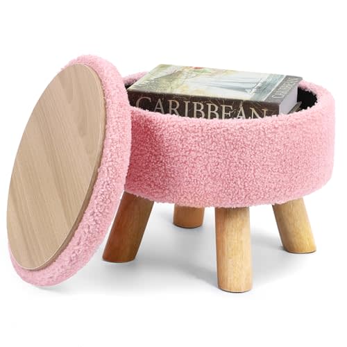 OGEMXU Ottoman Foot Rest, Small Round Ottoman with Storage, Boucle Teddy Velvet Footstool with Wood Legs, Soft Sponge Storage Ottoman for Living Room, Bedroom, Couch, Enterway (Pink)