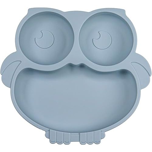 Silicone Baby Plate with Suction, Owl Shape Suction Plate for Toddler, Cute Kids Suction Plate, Baby Toddler Divided Plate, Blue