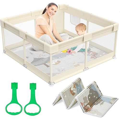 Fodoss Baby Playpen with Mat 47x47x27 in, Baby Play Pen Small Play Yard, Baby Fence Play Area Playard Activity Center (Beige)