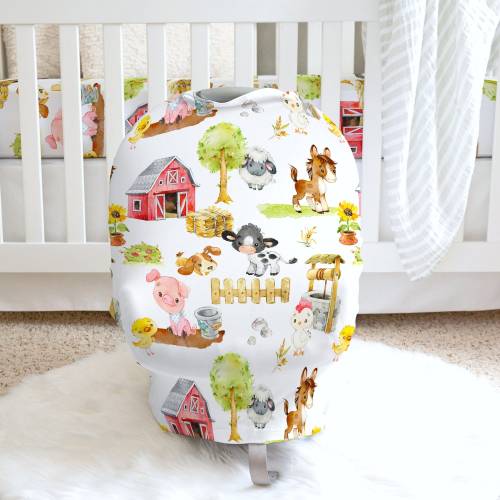 Farm Animals Baby Infant Car Seat Cover Canopy Nursing Breastfeeding Cover Multifunctional Super Soft Stretchy Shower Gift Pig Barn Horse