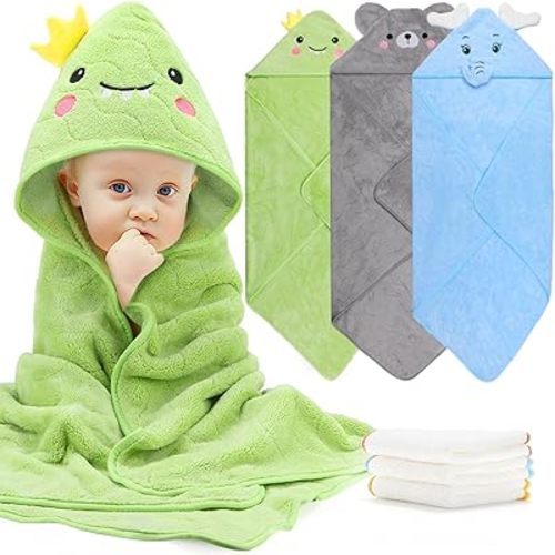 6 PCS Baby Towels, 3 PCS Soft Hooded Baby Towels & 3 PCS Washcloths, Baby Bath Towels for Newborns, Infants & Toddlers- Coral Fleece, Soft & Ultra Absorbent, Cute Towel Gift for Boys & Girls