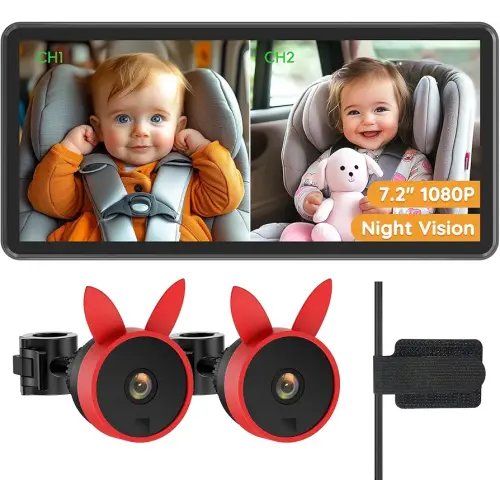 Baby Car Camera for 2 Kids - 7.2" Large HD Display Dual Channel Baby Monitor, Clear 1080P IR Night Vision Car Seat Camera, Easy Install & Secure Rear-Facing View