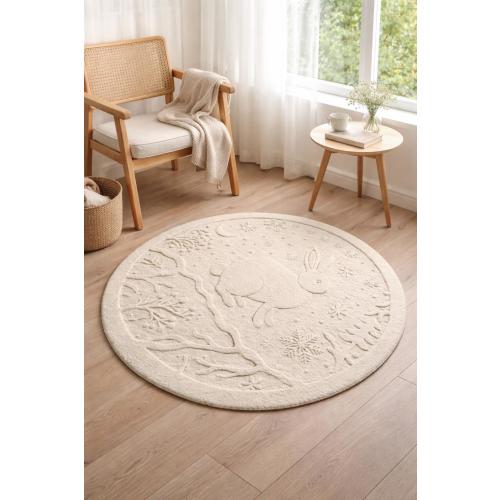 Round Bunny Theme Embossed Rug 8X10 | Cute Animal Kids Room Carpet | Soft Textured Nursery Rug | Playroom Floor Mat | Winter Forest Design