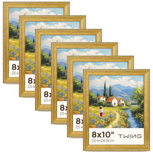 TWING 8x10 Gold Picture Frames Set of 6,Rustic Gold Frames Display Pictures 5x7 with Mat or 8x10 without Mat,Tabletop Display and Wall Mounting Collage Photo Frame Set for Wall Gallery