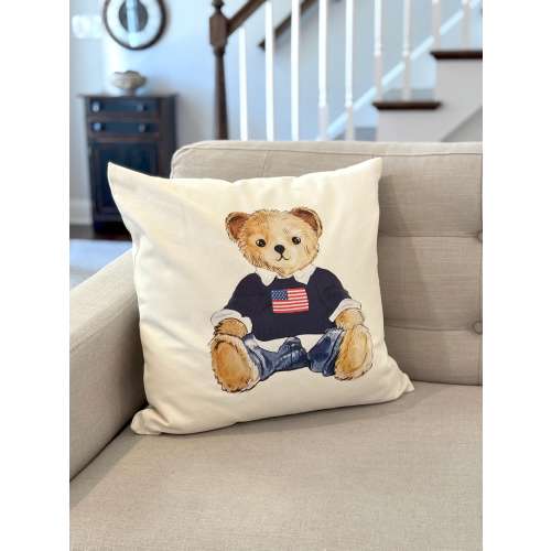 Custom Vintage Patriotic Bear PILLOW | USA Flag Bear | Square Off-white Cotton Canvas 20x20 pillow