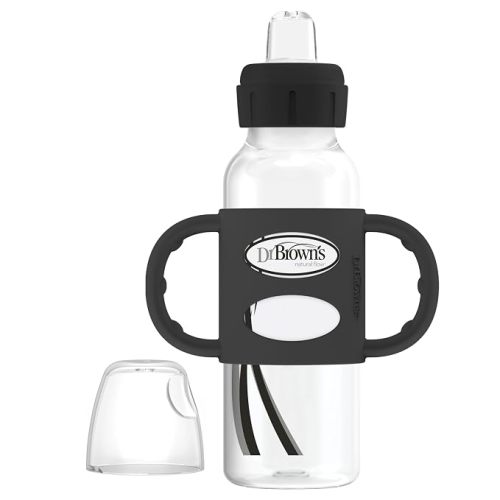 Dr. Brown's Milestones Narrow Sippy Spout Bottle with 100% Silicone Handles, Easy-Grip Handles with Soft Sippy Spout, 8oz/250mL, Black, 1-Pack, 6m+