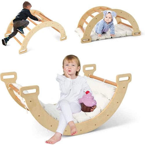 INFANS Wooden Arch Climber Rocker with Soft Cushion, 6 in 1 Montessori Climbing Toys for Toddlers, Waldorf Indoor Table Baby Children Ladder Gym Learning Playset Gift for Kids Boys Girls (Natural)