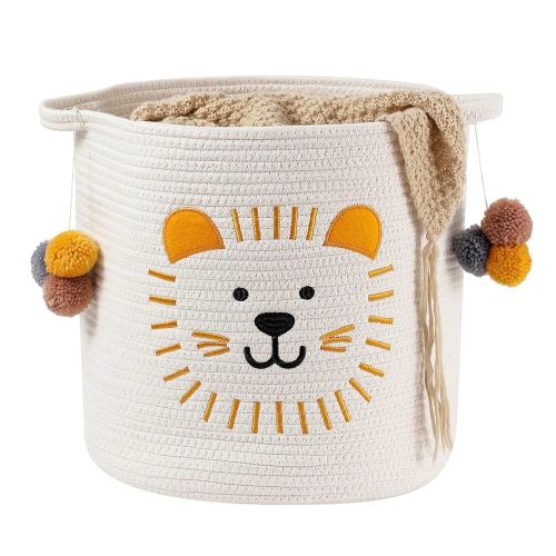 Large Blanket Baskets for Living Room Decor, Toy Storage Baskets Woven Cotton Rope Animal Storage Basket for Kids, Dog Toys Organizer Clothes Hamper with Embroidery Decor for Nursery (Large, Lion)
