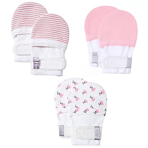 HAPIU Baby No Scratch Mittens Stay On, 100% Cotton Breathable, Adjustable Infant Gloves for Boys Girls, Newborn - 12 M