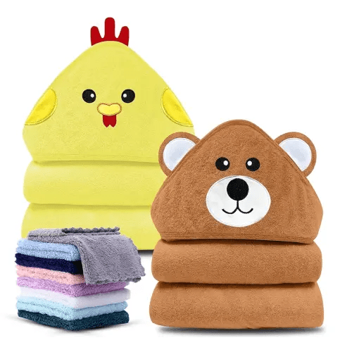 Cute Castle 2 Pack Hooded Baby Towel Rayon Made from Bamboo with 8 Washcloths - Soft Bath Towel for Bathtub for Babie, Newborn, Infant, Natural Baby Stuff Towel (Bear and Chicken)
