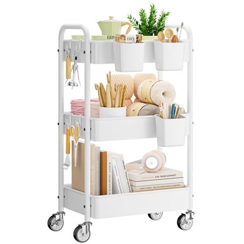 YASONIC Metal 3 Tier Rolling Cart - Heavy Duty Utility Cart with Lockable Wheels, Hanging Cups, Hooks, Mesh Rolling Storage Cart Craft Cart Organizer, Lightweight and Sturdy, White