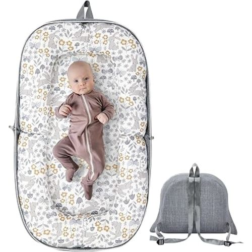 Baby Lounger, Foldable Baby Travel Bassinet with Soft Memory Foam Mat, Converts to Backpack Baby Travel Nest for Newborn Infant Babies 0-12 Months (Flower Rabbit Grey)