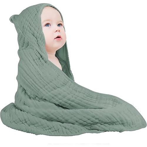 Yoofoss Hooded Baby Towels for Newborn 100% Muslin Cotton Baby Bath Towel with Hood for Babies, Infant, Toddler and Kids, Large 32x32Inch, Soft and Absorbent Newborn Essential