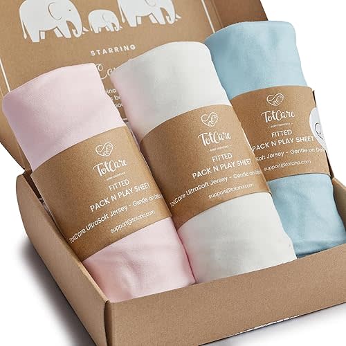 Graco Pack and Play Sheets Fitted – Compatible with Graco Pack n Play Playard and Other 27 x 39 Inch Playpen Mattress, Buttery Soft Jersey Cotton Playard Sheets, Blue Pink Cloud, 3 Pack