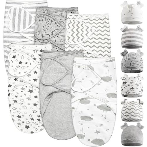 Ramede 6 Pack Baby Swaddle Blanket with Hats Sleep Swaddle for 0-3 Months Newborn Sacks Soft Cotton Wearable for Boy Girl
