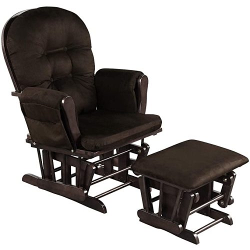 Costzon Nursery Glider with Ottoman, Upholstered Comfort Glider Rocker with Padded Cushion, Storage Pocket, Solid Wood Base, Rocking Chair Nursery for Breastfeeding, Napping (Brown)