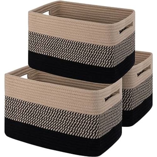 OIAHOMY Storage Basket, Woven Baskets for Storage, Cotton Rope Basket for toys,Towel Baskets for Bathroom - Pack of 3, Black & Brown