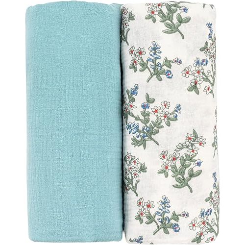 SERAPHY Muslin Swaddle Blankets Baby, 100% Cotton Muslin Baby Blanket for Newborn Boys Girls, Soft Breathable Receiving Blanket Large 47x47 inches, 2 Pack(Blue+Floral)