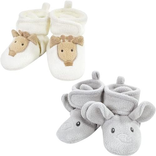 Hudson Baby Unisex Baby Animal Fleece Booties 2-Pack - Gray Elephant Giraffe