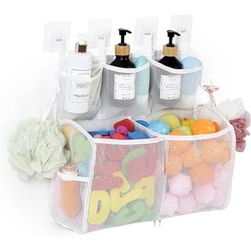 Bath Toy Storage, 2 Layers Large Capacity Bath Toy Holder, Quick Release Bathtub Toy Storage with Buttom Zipper, Mesh Shower Caddy Organizer Basket Bin with 7 Pockets for Bathroom Toys - White