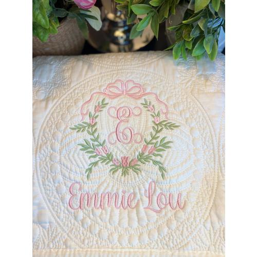 Embroidered Floral Vine Bow Crest, Monogramed Heirloom Baby Quilt, Nursery Bedding, Personalized Name Blanket Pink Flowers, Baby Keepsake.